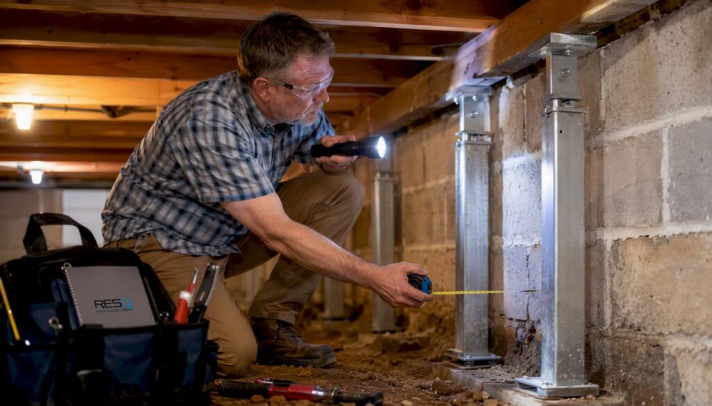 Home inspector examining foundation wall anchor