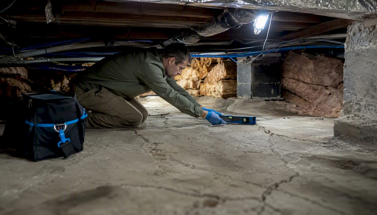 Hands measuring floor level with digital tool and marble