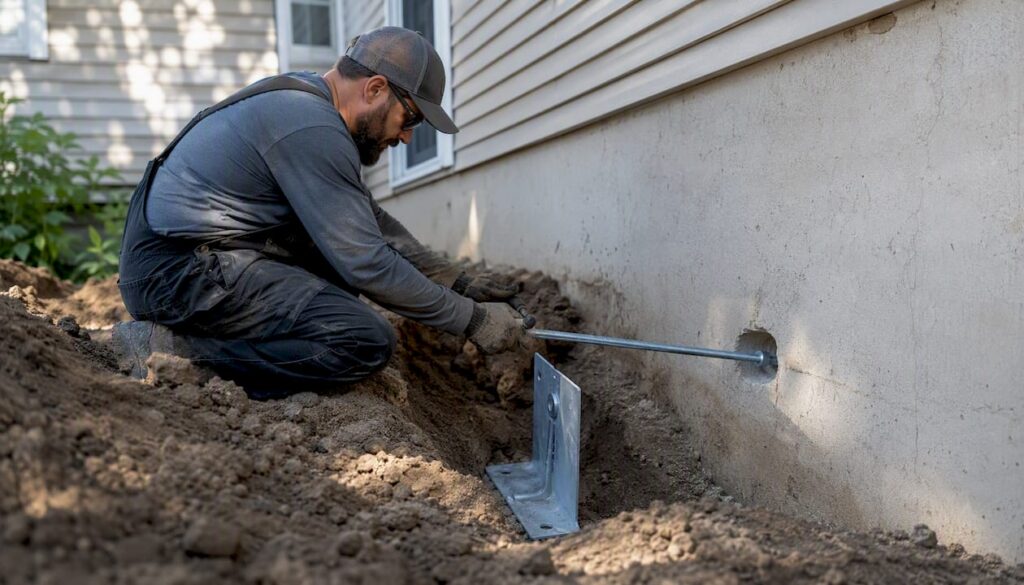 Technician installing foundation wall anchor outdoors