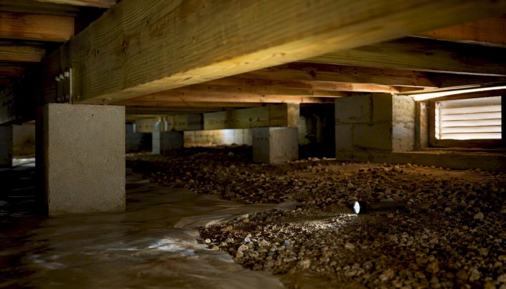 Pier and beam foundation crawl space under house
