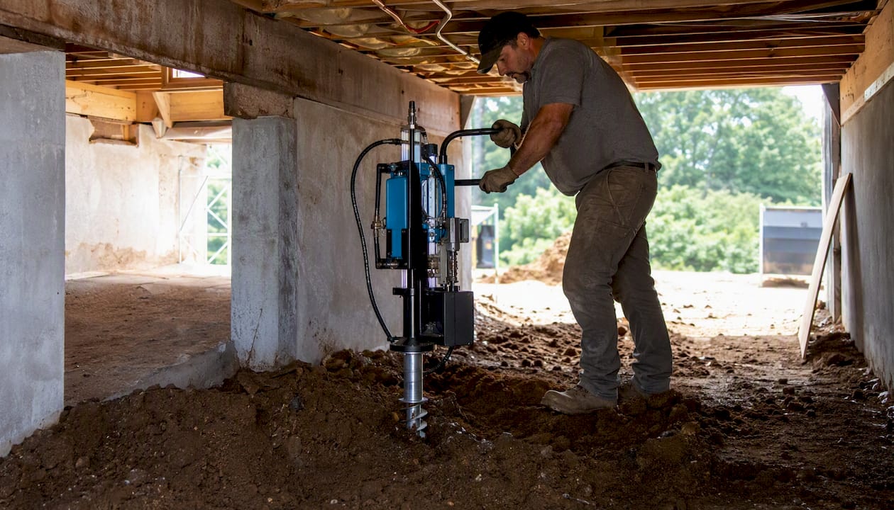 Helical pier installation in crawl space