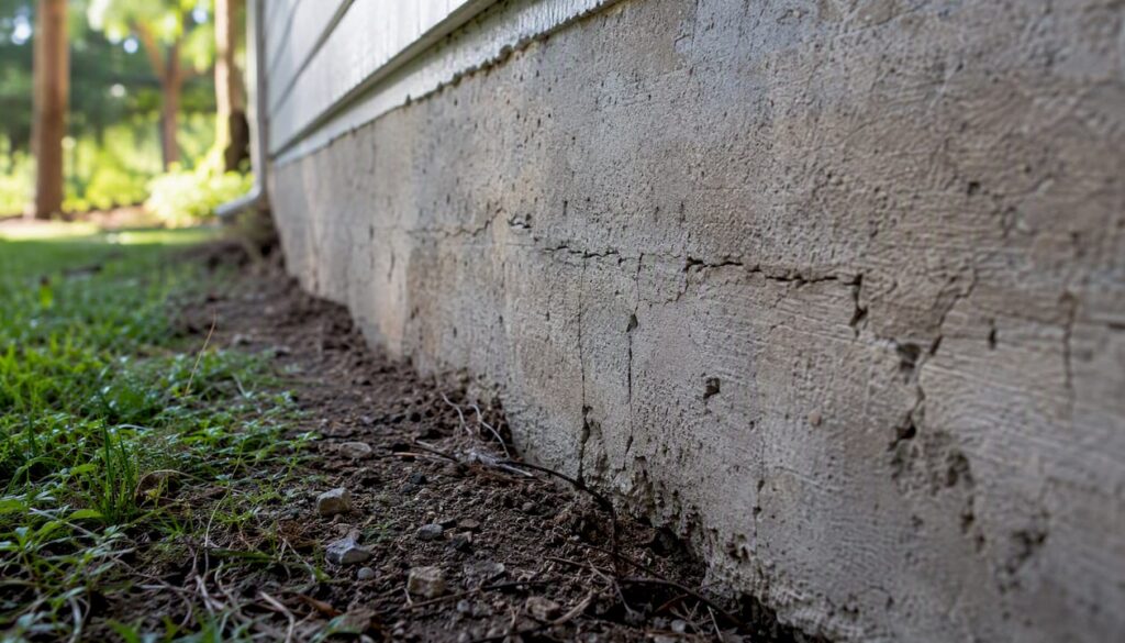 Cracked concrete foundation wall outdoors
