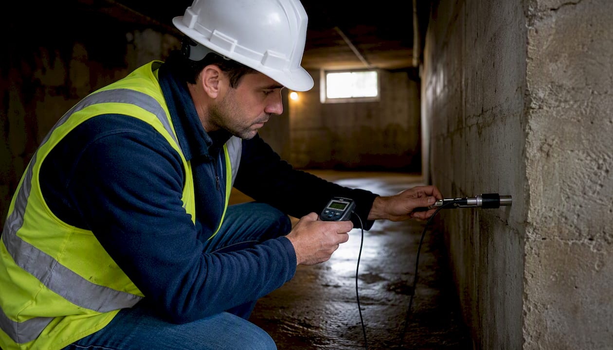 Engineer measuring foundation displacement indoors