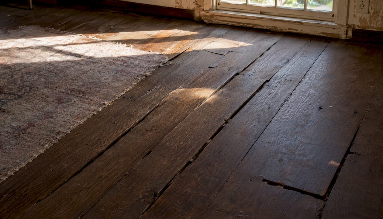 Sagging wooden floor with visible slope