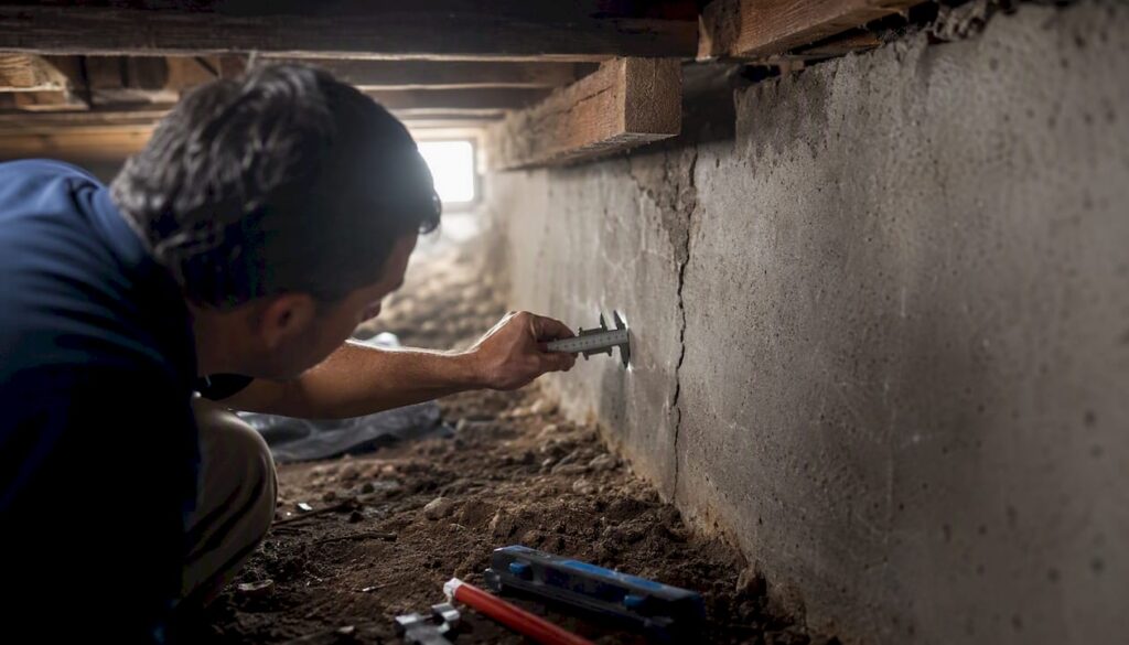 Technician measuring foundation crack