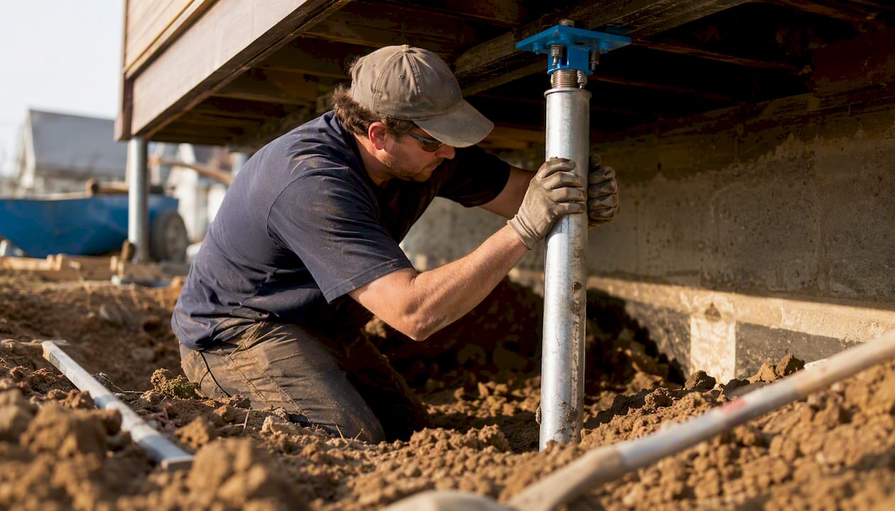 Worker installing foundation pier