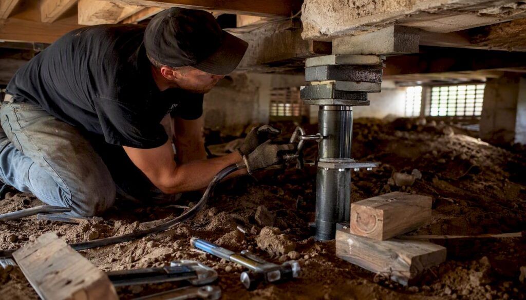 Steel push pier installation in crawl space