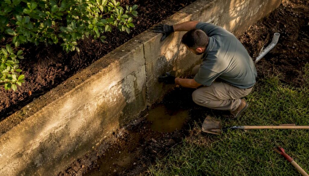 Inspector examining residential seawall foundation wall