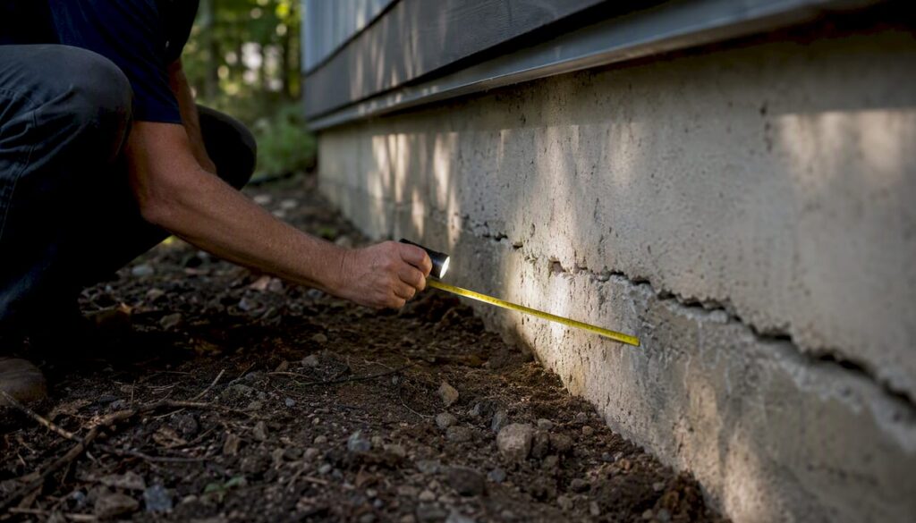 Inspector checking home foundation cracks