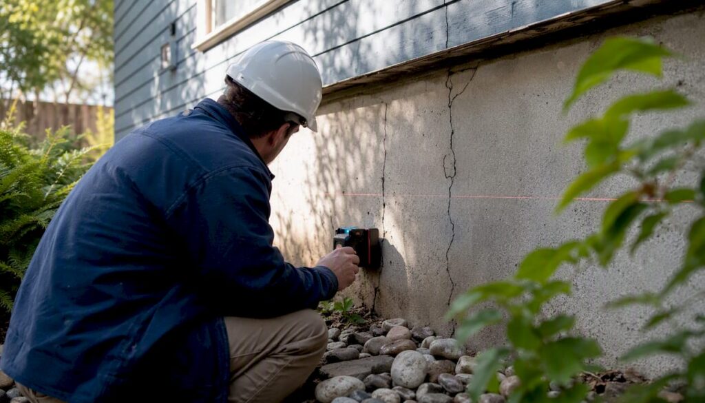 Inspector measuring foundation crack on house exterior