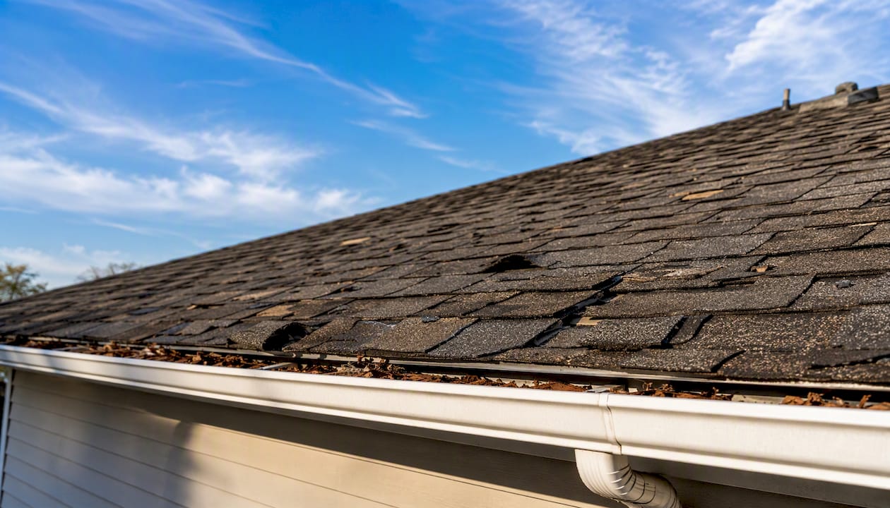 Curling shingles and gutter on residential roof