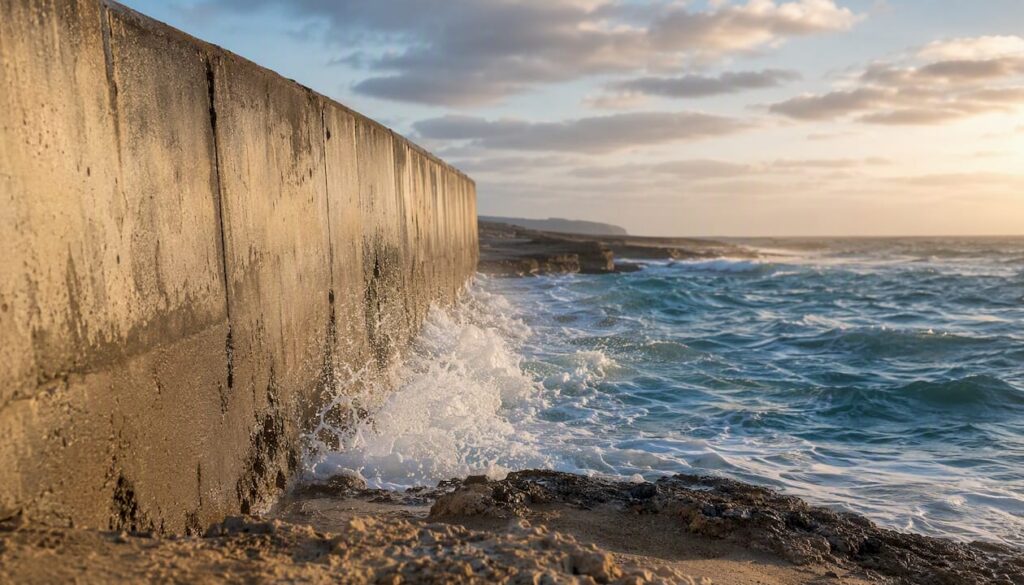 Concrete seawall with waves crashing