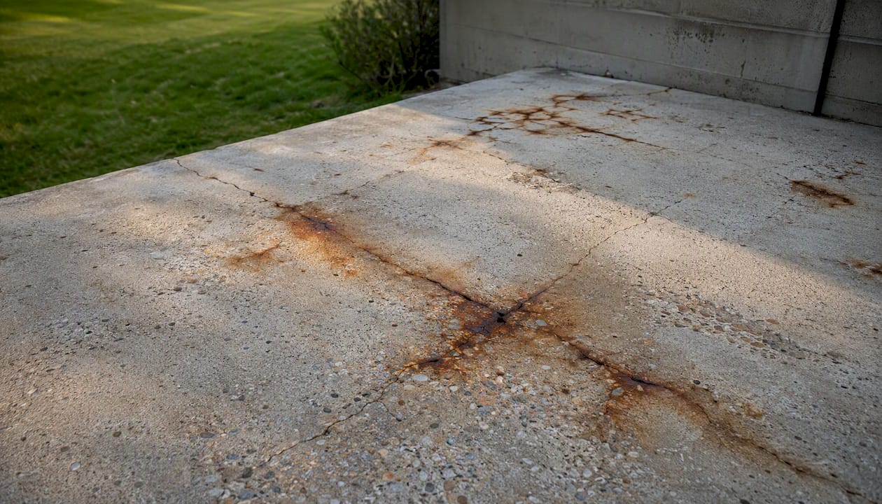 Concrete with rust stains and cracking from rebar corrosion