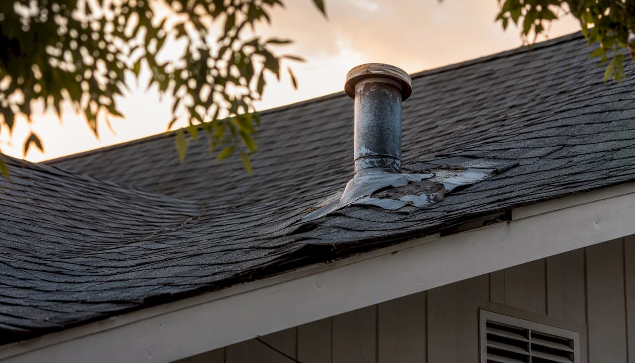 Sagging roof ridge and damaged chimney flashing