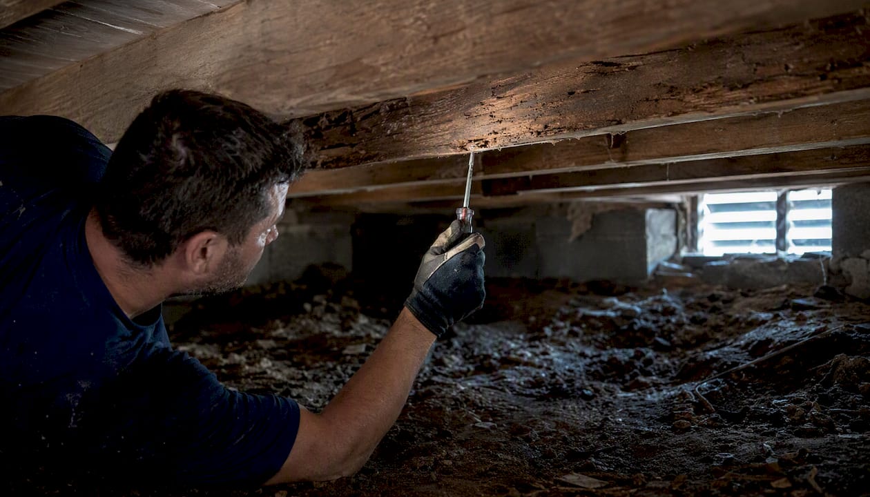 Hand pressing screwdriver into wood joist for decay test