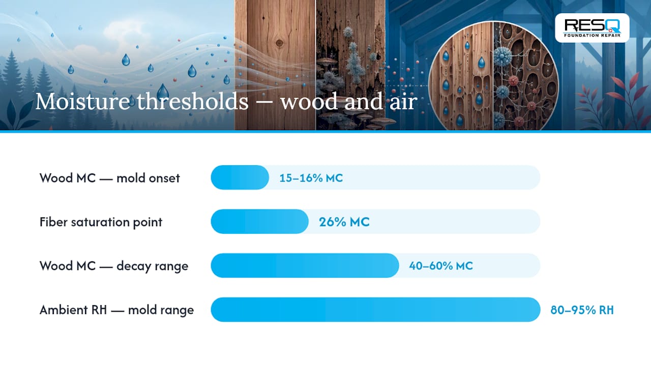 Diagram of moisture levels and actions for mold and wood decay