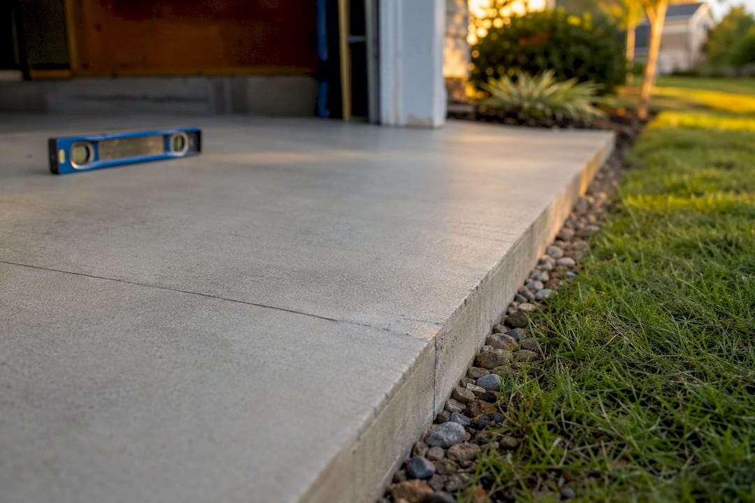 Repaired garage slab corner after foam lift