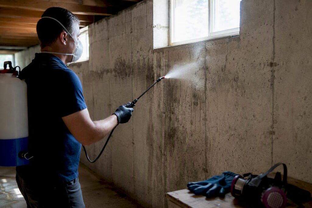 Applying biocide spray on moldy basement wall