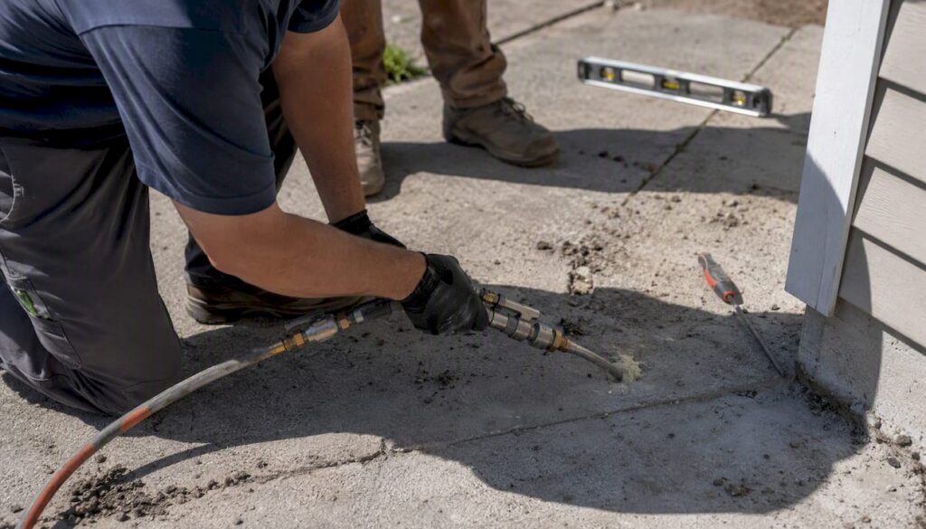 Technician injecting foam into driveway concrete