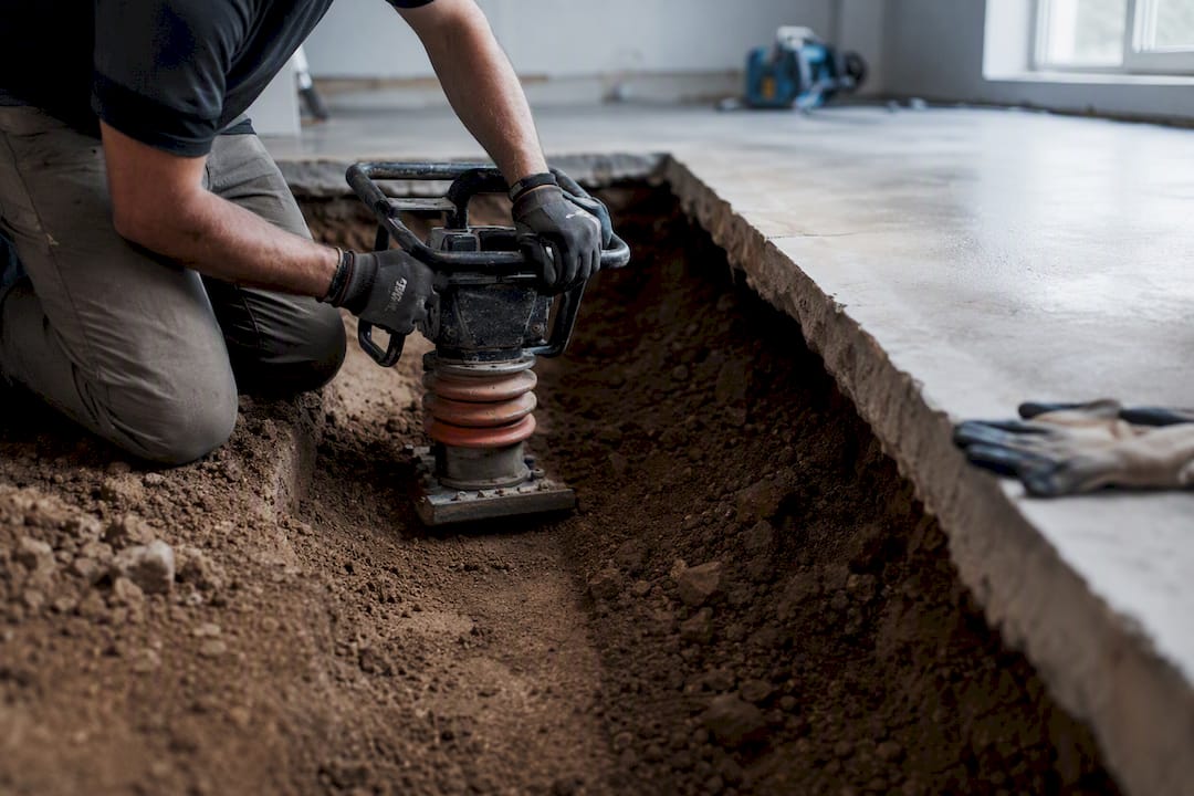 Technician compacting soil under garage slab