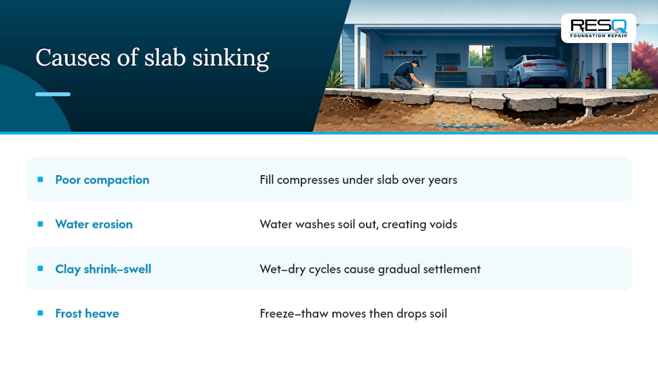 Diagram comparing causes of garage floor sinking