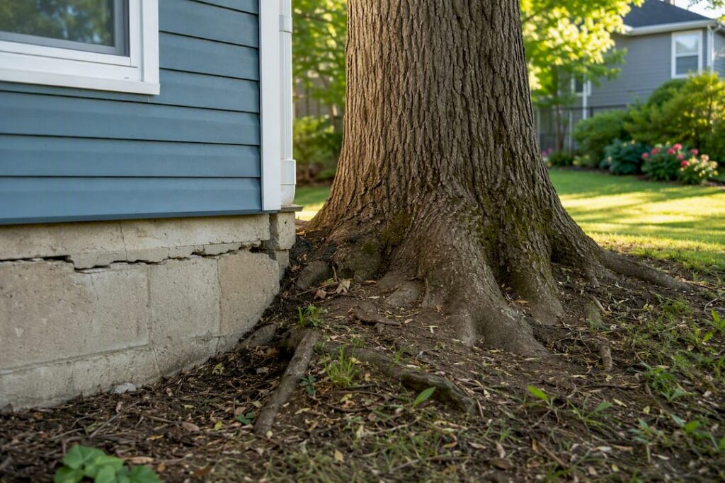 Tree roots near cracked house foundation