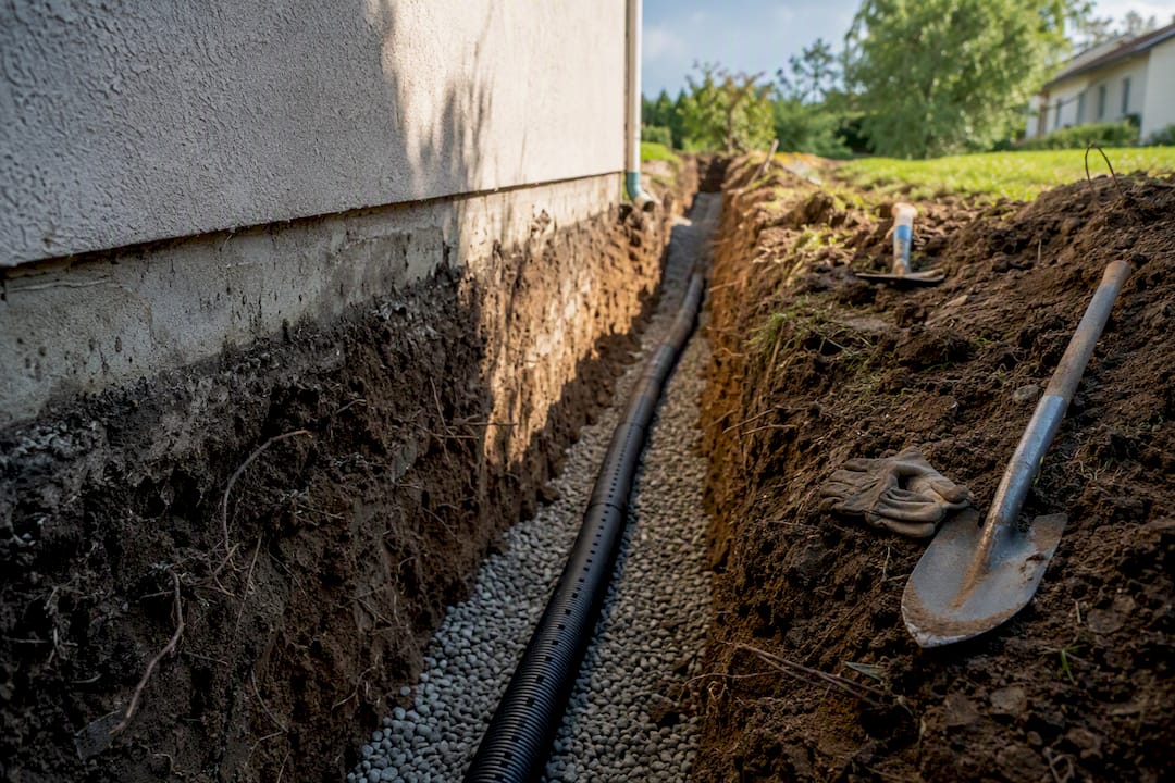 Open trench with drainage pipe next to foundation