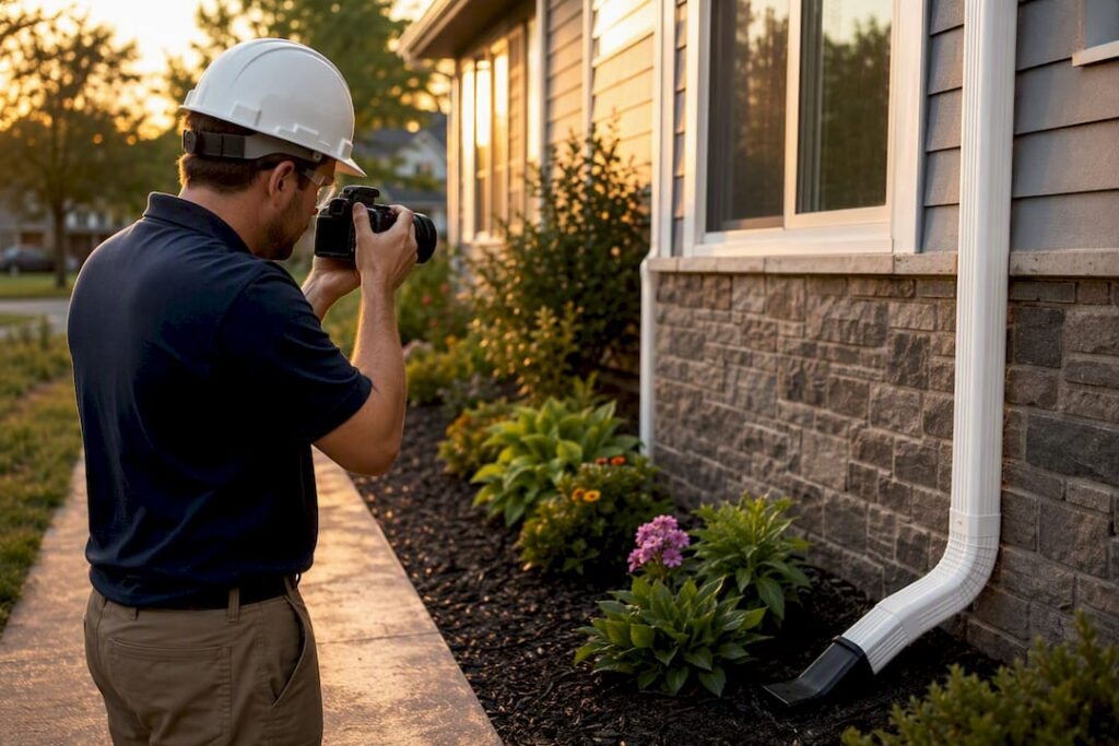 Technician photographing gutters and yard grading