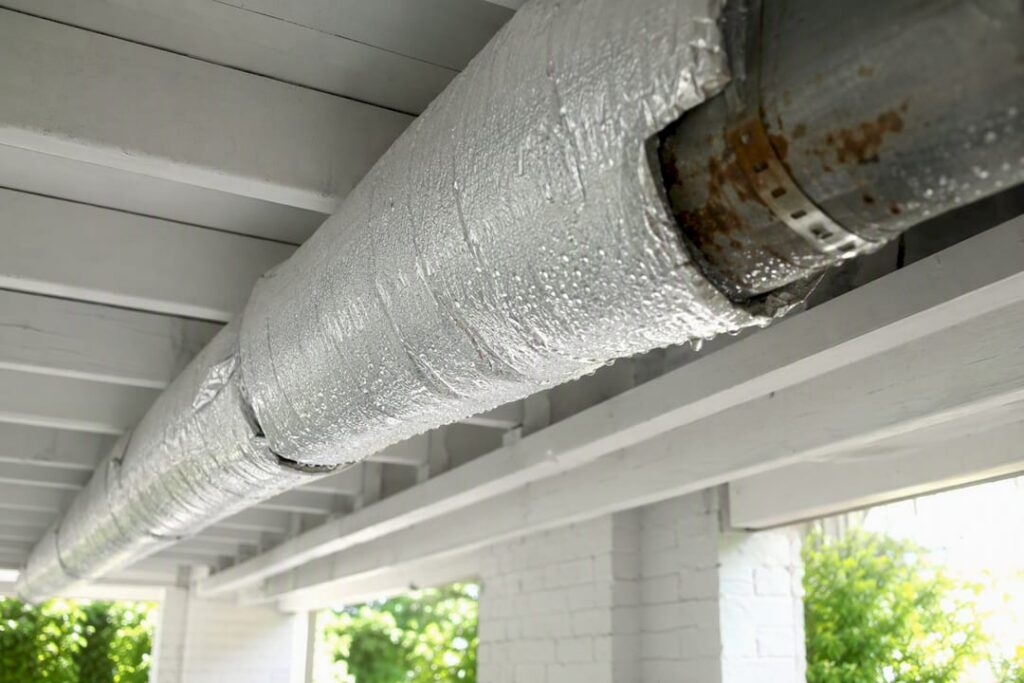 Insulated HVAC duct with condensation droplets