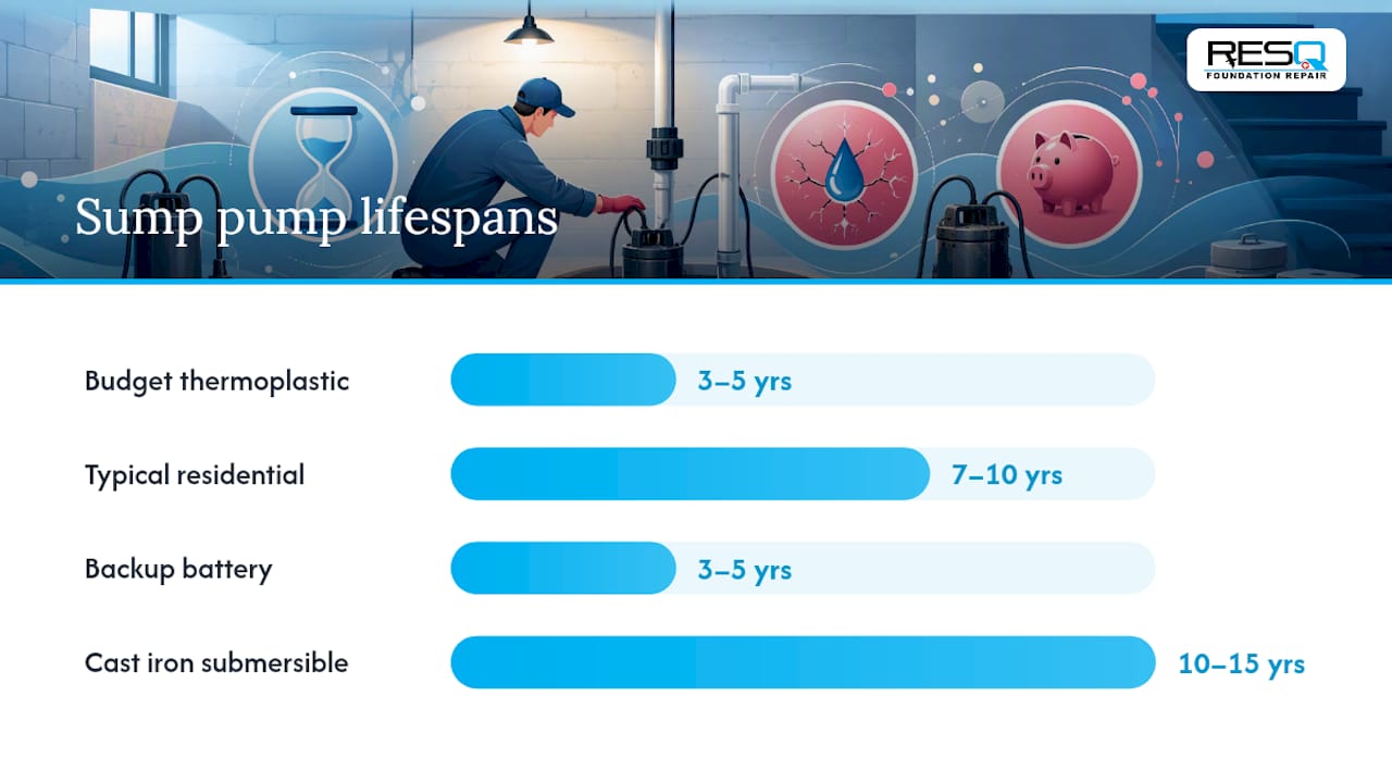Diagram of sump pump lifespan and failure factors
