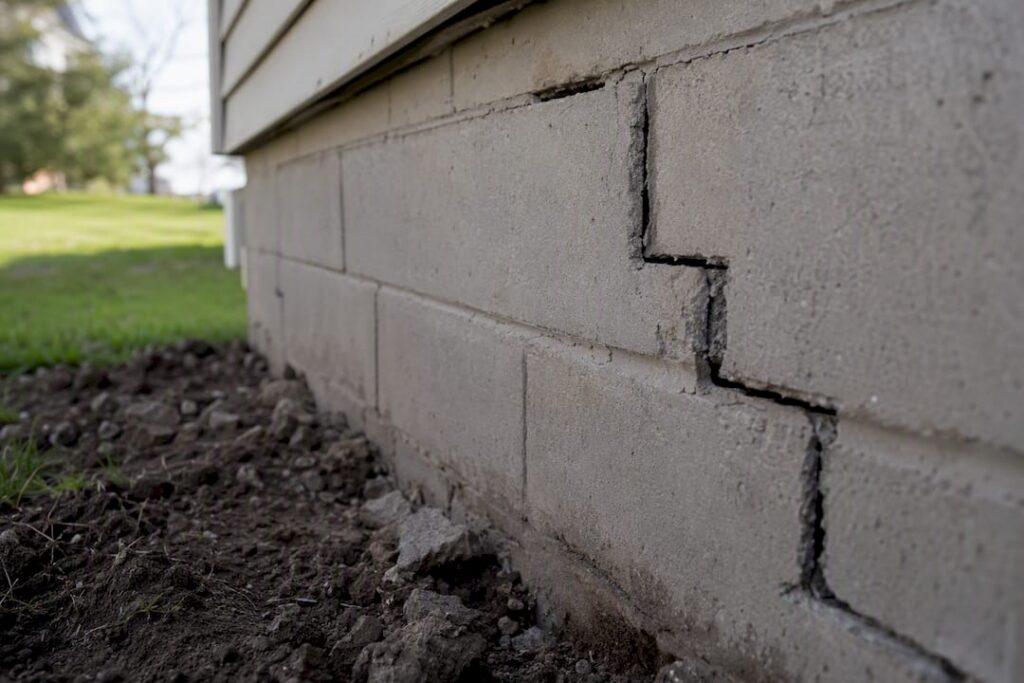 Close-up of stair-step crack in home foundation