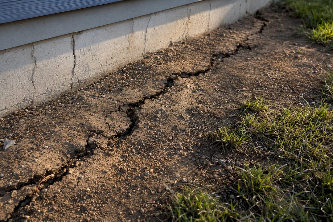 Uneven cracked soil near home foundation