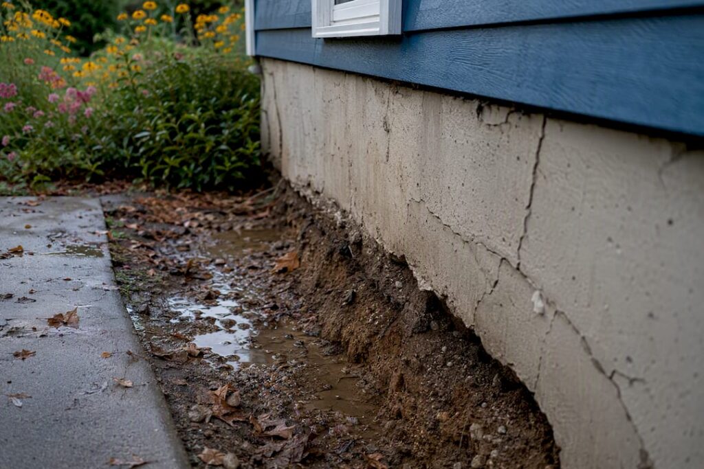 Foundation cracks and soil depressions after rain