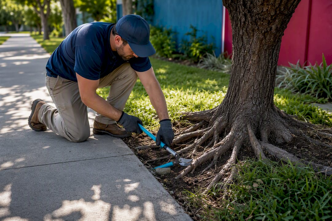 Arborist pruning roots beside sidewalk