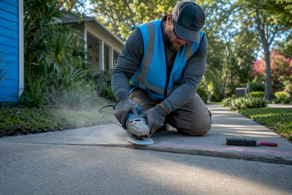 Technician repairing raised sidewalk edge