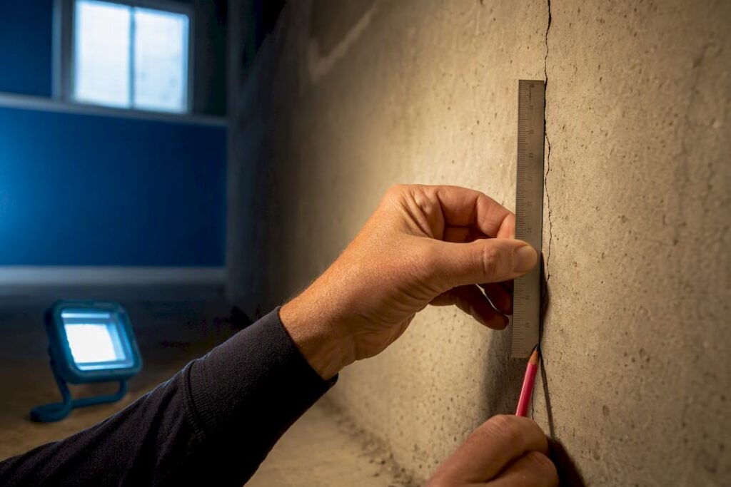 Homeowner examining a hairline foundation crack