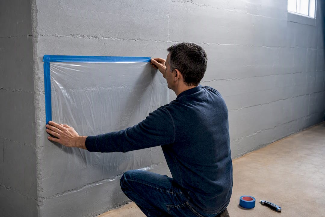 Homeowner applying plastic sheet moisture test