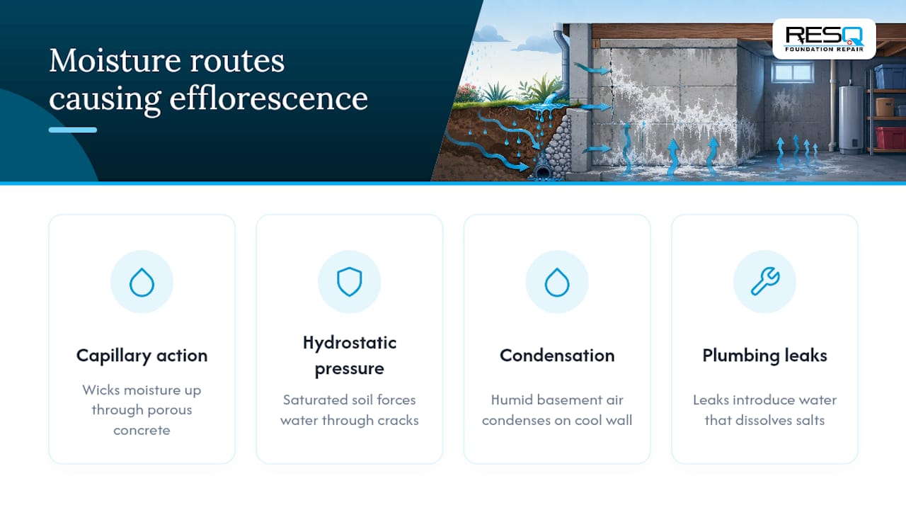 Four moisture routes causing wall efflorescence