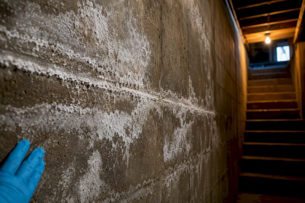 White efflorescence crystals on basement wall