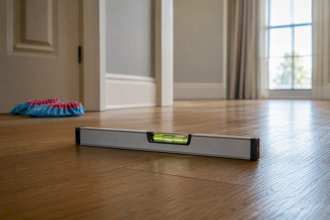 Spirit level showing an uneven floor