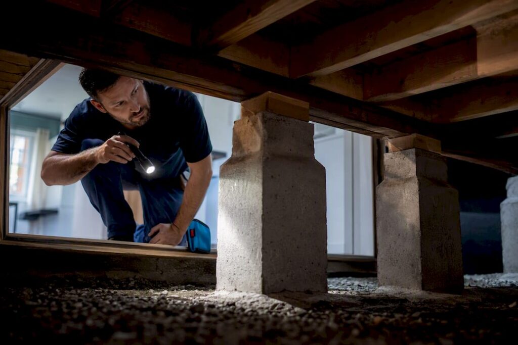 Inspector examining crawl-space foundation supports