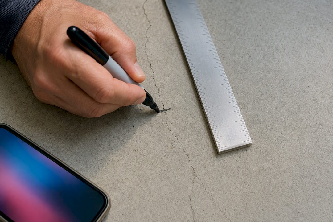 Hand marking concrete crack beside ruler