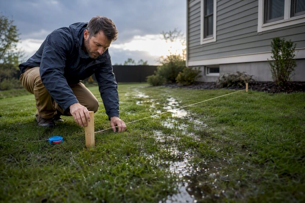 Homeowner measuring backyard grade with stakes