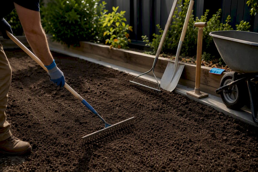 Landscape rake and hand tools on topsoil