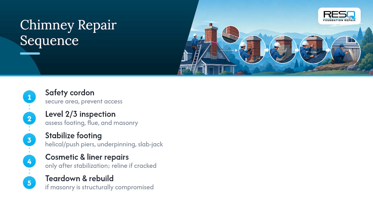 Chimney repair sequence from diagnosis to stabilization