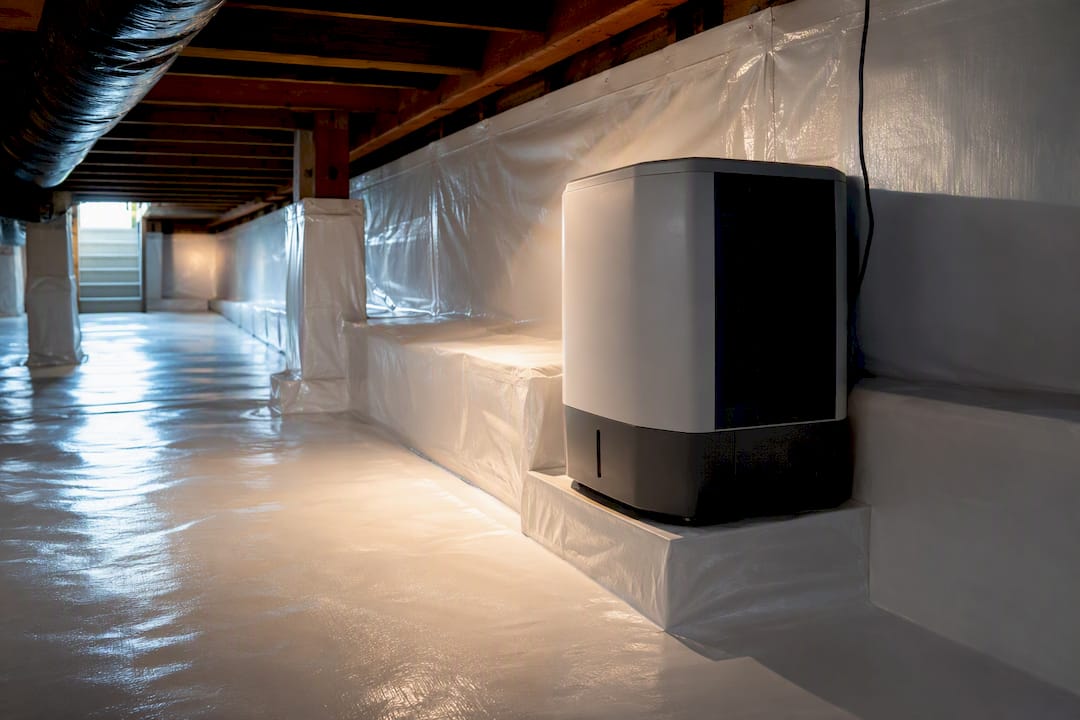 Dehumidifier beside sealed crawl space vapor barrier