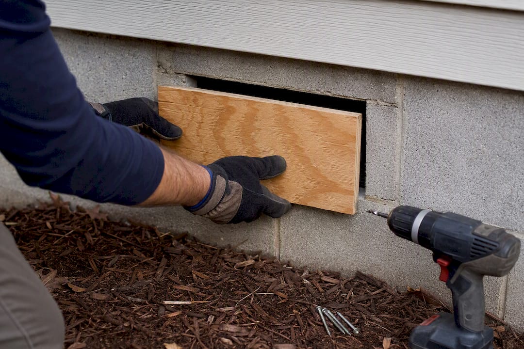 Plywood covering an exterior foundation vent