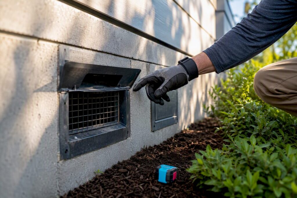 Exterior crawl-space vents showing open and sealed conditions