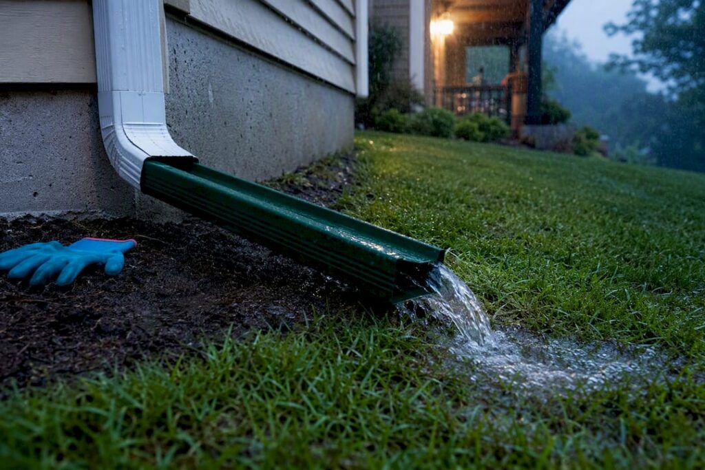 Downspout extension directing rainwater away