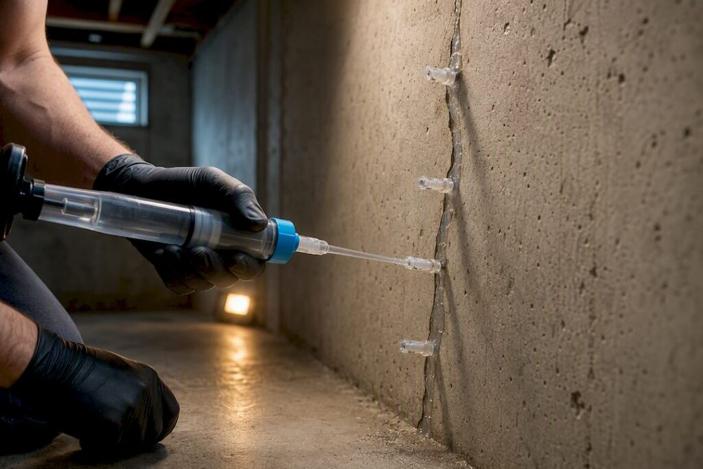 Technician injecting epoxy into basement crack